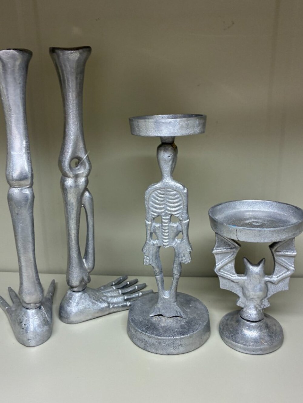 Vintage Gothic Metal Skeleton Legs Taper Candle Holders & Bat Goblet Decor Set - Picture 8 of 9